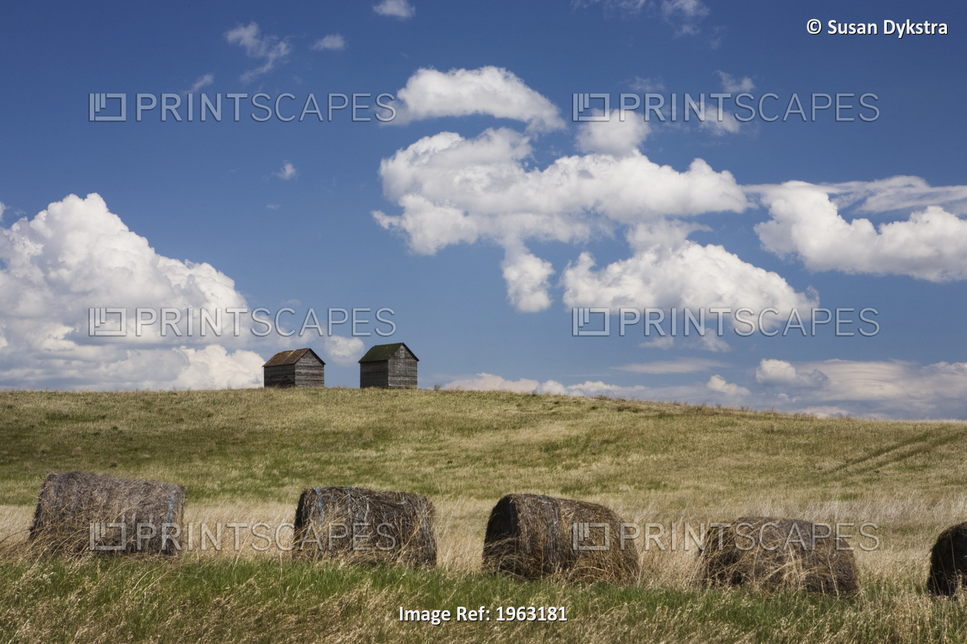 Old Sheds In A Field With Hay Bales; Winnipeg, Manitoba, Canada