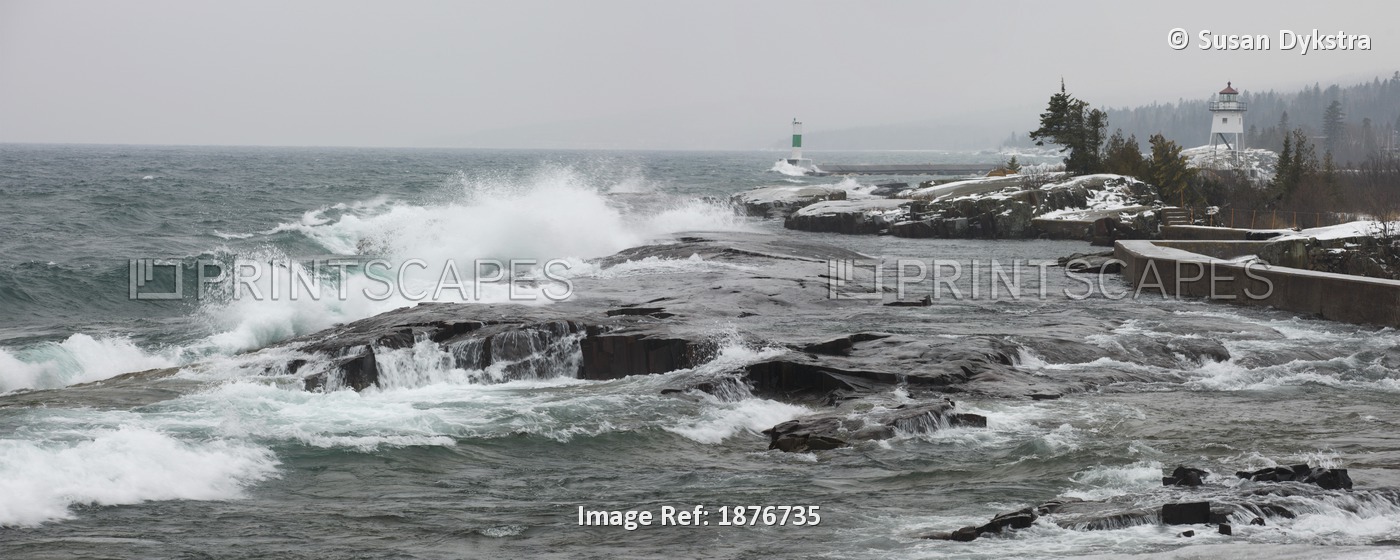 Large Waves By The Shore In Lake Superior In Winter