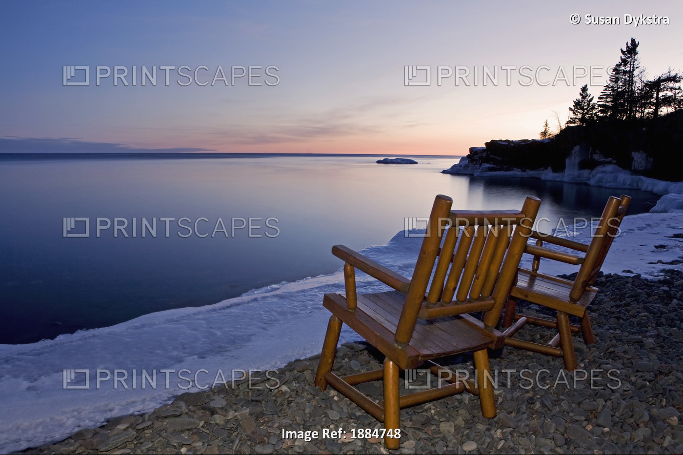 Rocky Shoreline Of Lake Superior with chairs