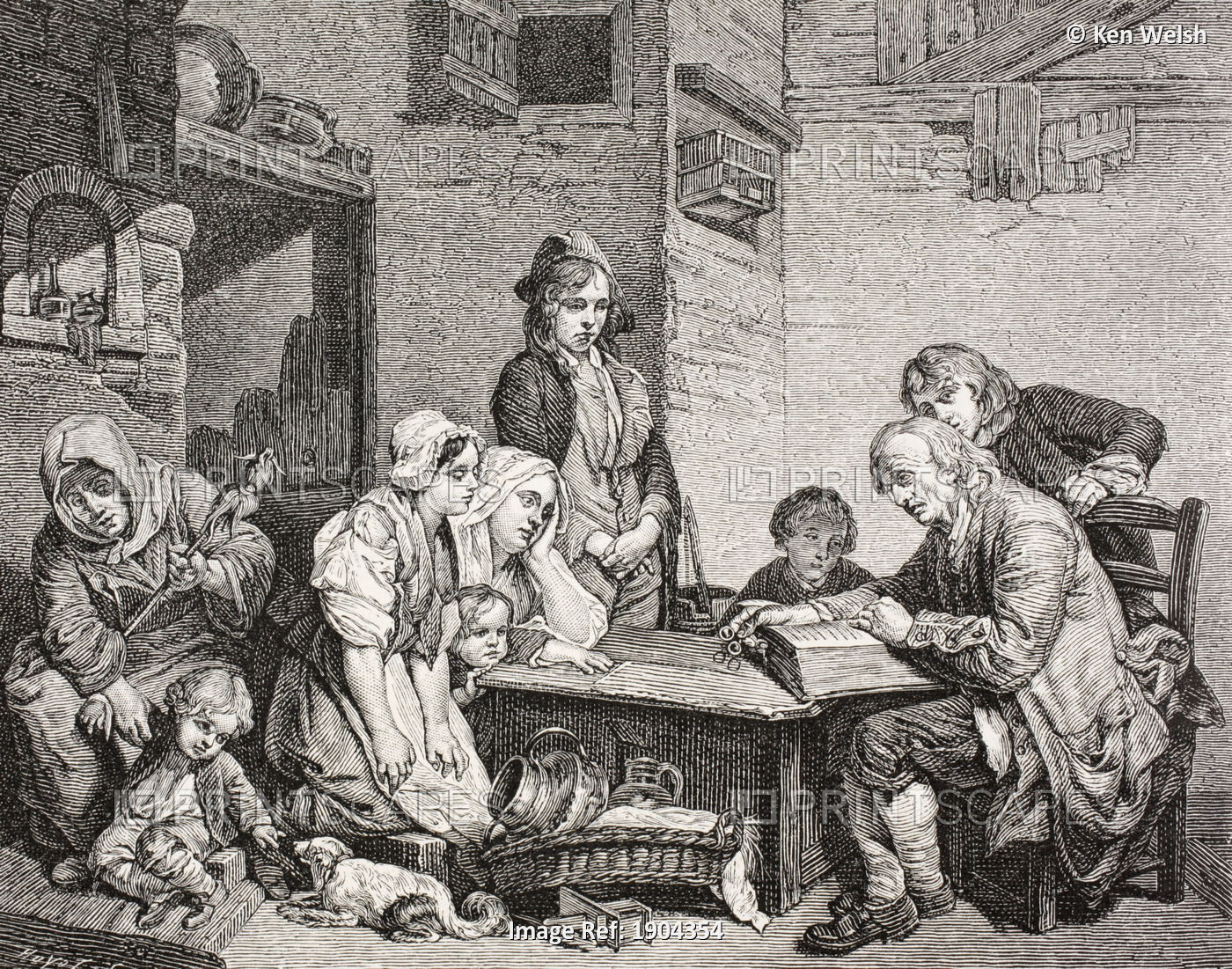 A Poor Family Gathers Around As The Father Reads From The Bible. After A Work ...