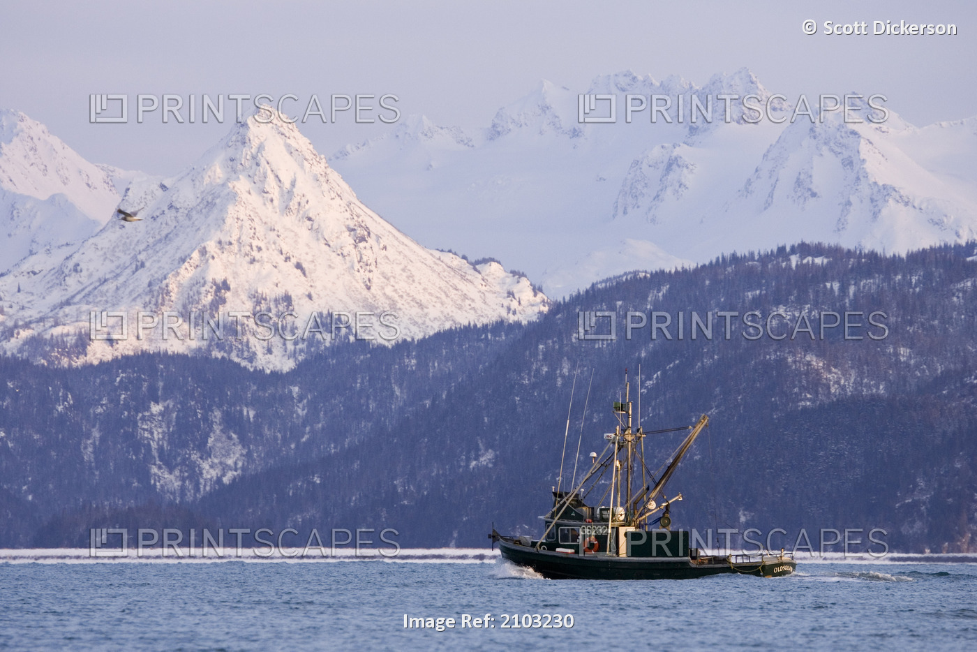 Commercial Fishing Boat In Kachemak Bay W/Snow Covered Kenai Mtns Poots Peak ...
