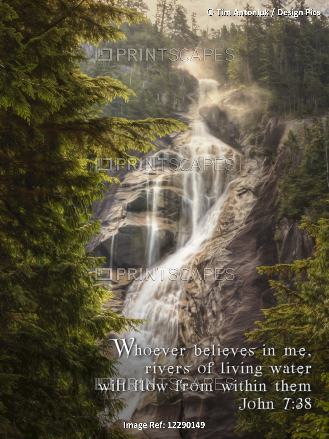 Image Of Waterfalls Over Steep Cliffs And A Scripture From John 7:38