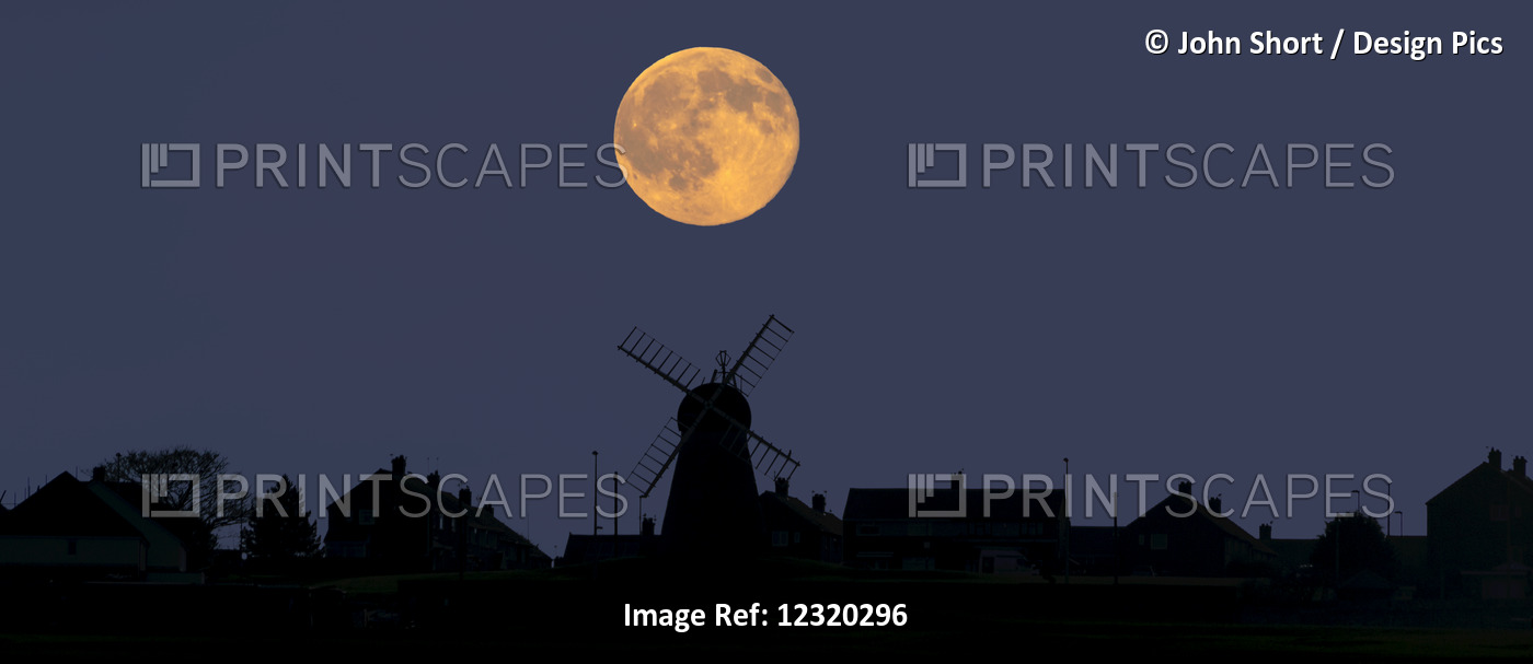 A Glowing Full Harvest Moon Over The Silhouette Of A Skyline Of Buildings; ...