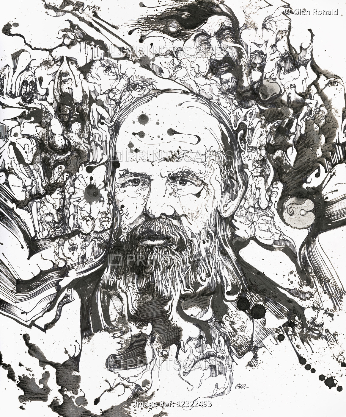 Abstract Portrait Of Dostoevsky, Black and White Artwork