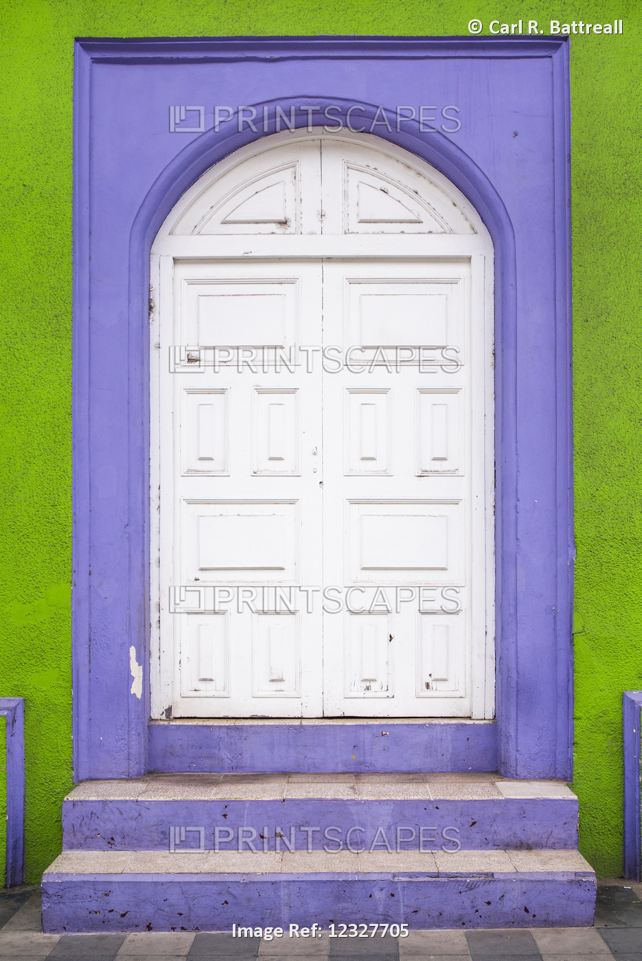 White Arched Double Doors With Purple Trim And A Bright Green Wall; Grenada, ...