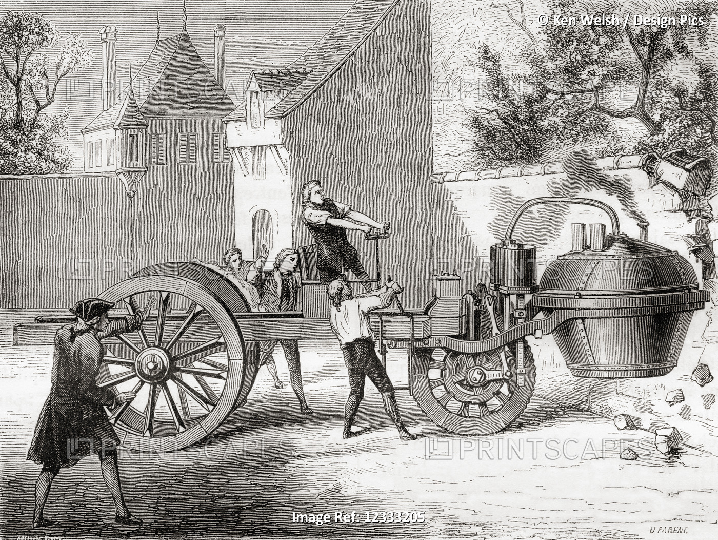 The first steam powered car, built by Cugnot, loses control and knocks down ...