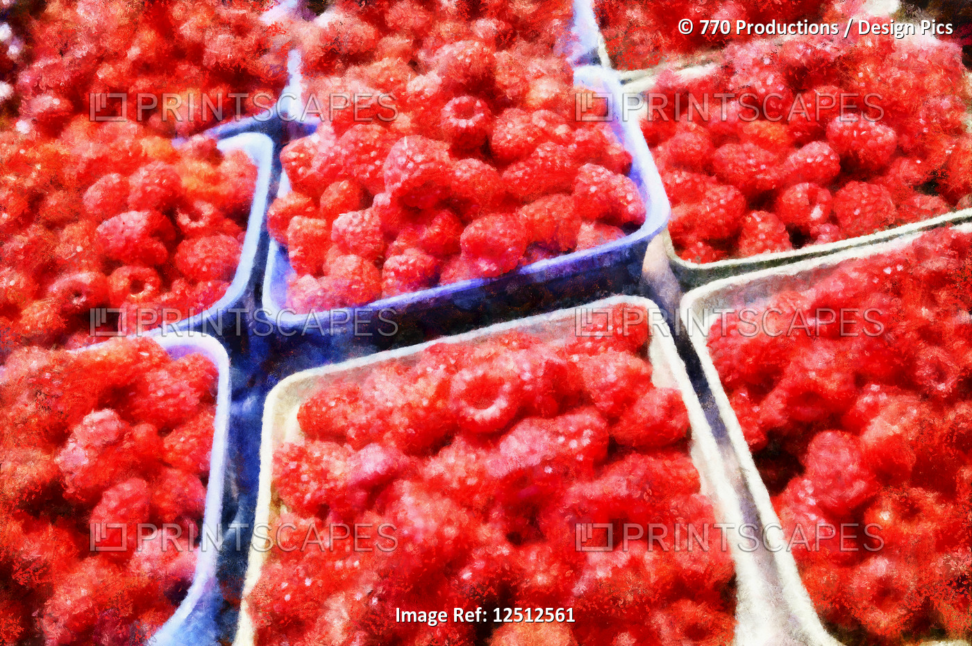 Digital painting of fresh raspberries in baskets