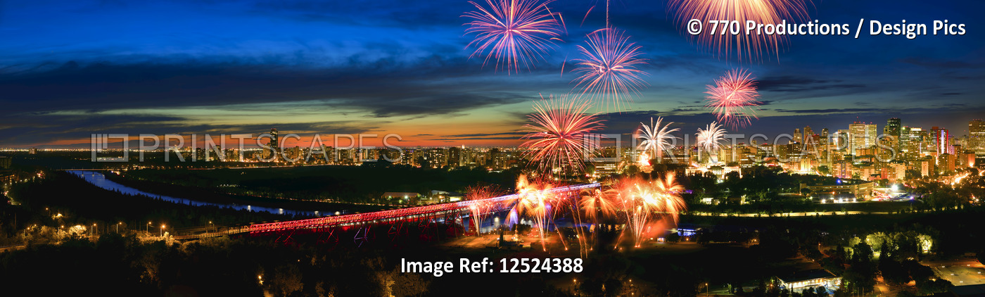 Fireworks in the Edmonton River Valley; Edmonton, Alberta, Canada