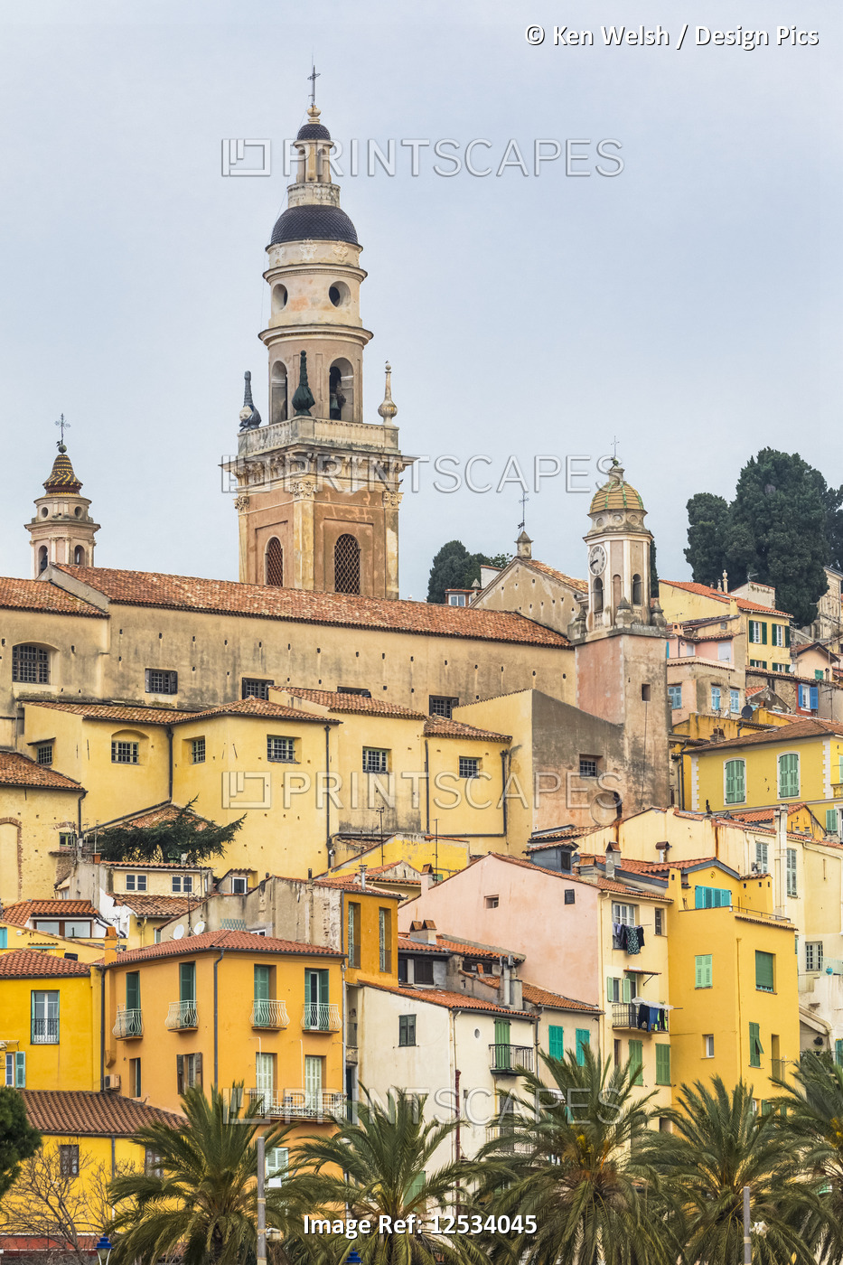 Pastel coloured houses in the old town, typical of towns on the French Riviera. ...