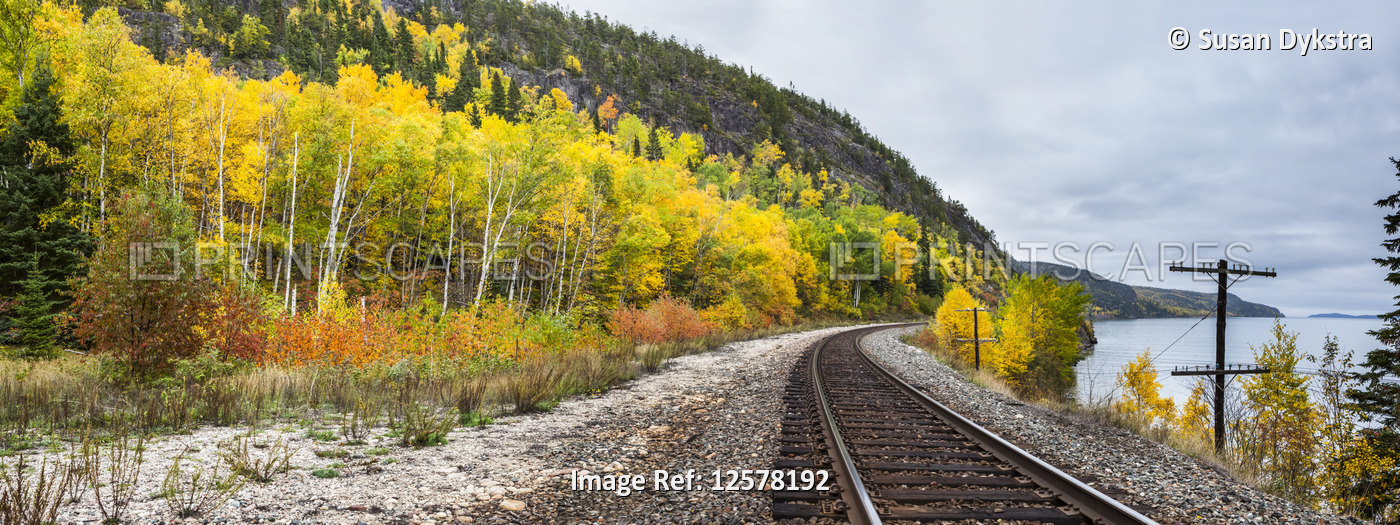 Train tracks along Lake Superior in autumn, Ontario, Canada