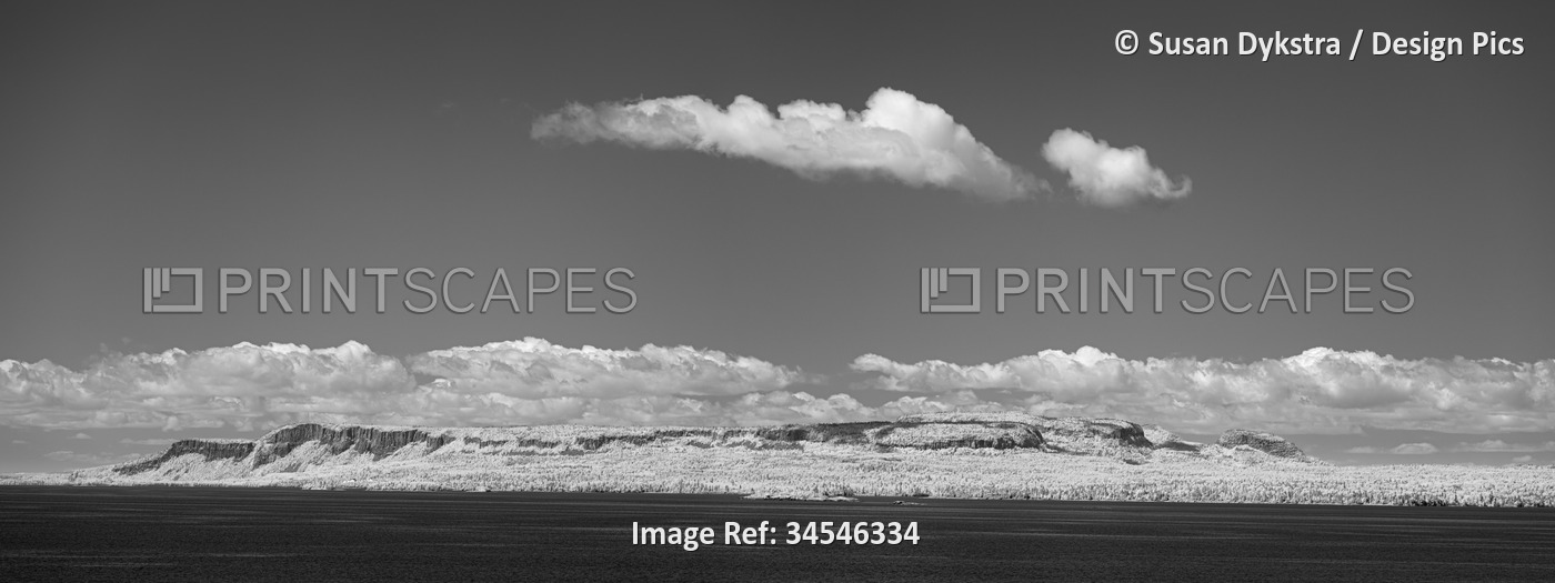 Panoramic infrared of trees and rock lining the shores of Lake Superior, Ontario, Canada